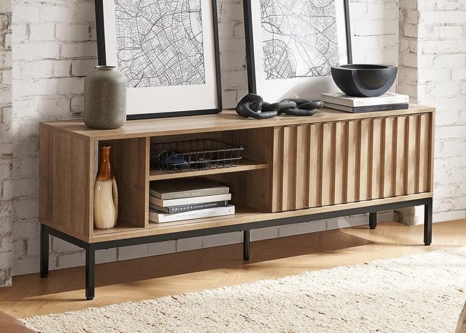mopio Norwin TV Stand, Rustic Modern Industrial Television Stand for 60/65/70 inch TV, Fluted Entertainment Center with Storage, Wood Media Console Credenza Cabinet Table (Oak 64" TV Stand)