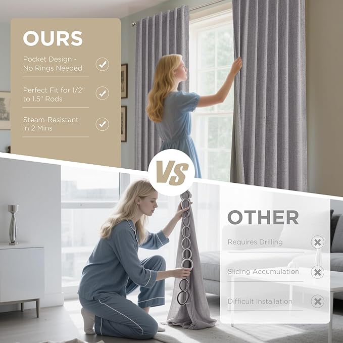 Joydeco 100% Blackout Curtains for Bedroom - Natural Linen Curtains 100" W x 84" L Long, Thermal Insulated 1 Panels Light Grey. Room Darkening Light Blocking Drapes for Living Room