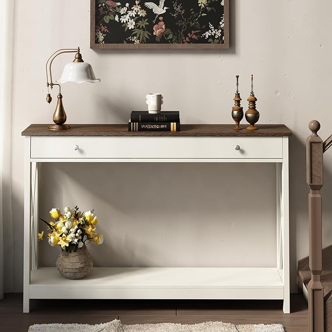 Treocho 47" Farmhouse Console Table with Drawer and Storage Shelves, Foyer Sofa Table Narrow for Entryway, Living Room, Hallway, Soft White