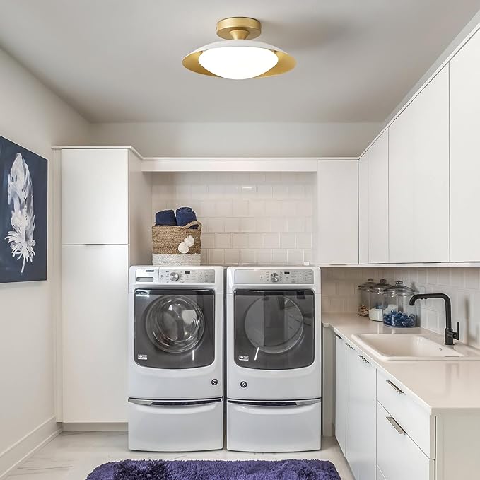 Dimmable Small Mid Century Modern Flush Mount Ceiling Light with Acrylic Shade,White and Gold LED Ceiling Lights,5CCT 2700K-6000K Light Fxiture for Hallway Entryway Bedroom Kitchen Laundry Room 11.8in