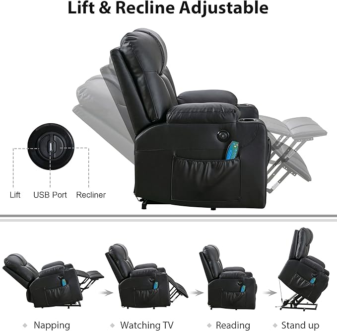 Bonzy Home 26" Extra Wide Lift Chair with Heat and Massage, Faux Leather Power Lift Recliner Massage Chair for Adults Elderly, Upholstered Recliner with 2 Cup Holders, Side Pocket