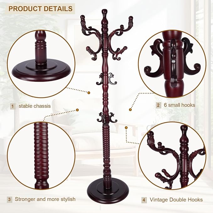 Coat Rack Freestanding with 18 Hooks, Wooden Standing Coat Racks for Entryway, Solid Wood Clothes Hanger Rack with Sturdy Round Base for Entryway, Hall, Bedroom, Office, Hallway