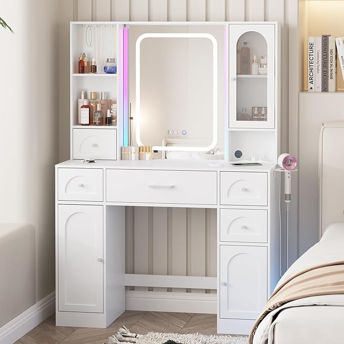 Fameill White Vanity Desk with Mirror,Makeup Vanity with RGB Lights & Power Strip,Makeup Desk Vanity Table with 5 Drawers Lots Storage & Time Display,3 Lighting Modes LED Lighted Mirror,41.3in(L)