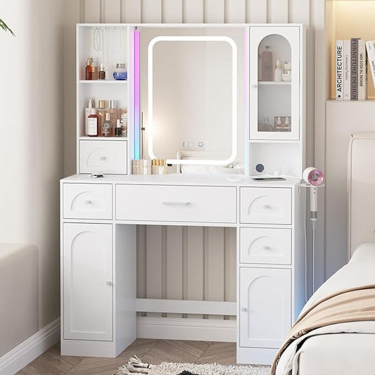 Fameill White Vanity Desk with Mirror,Makeup Vanity with RGB Lights & Power Strip,Makeup Desk Vanity Table with 5 Drawers Lots Storage & Time Display,3 Lighting Modes LED Lighted Mirror,41.3in(L)