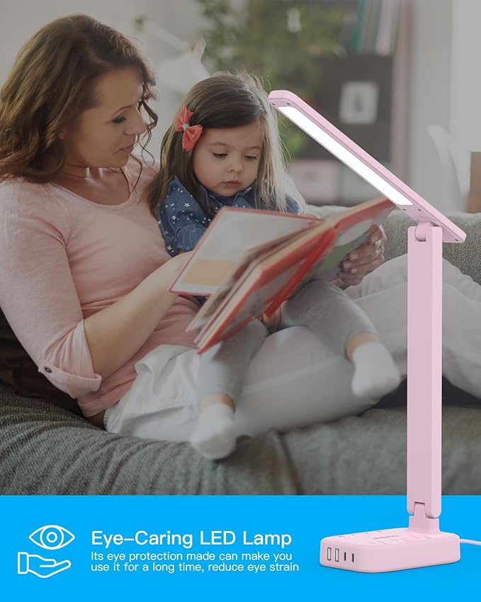 Dorm Room Essentials for Girls, Pink Power Strip with LED Desk Lamp, 3 Outlets 4 USB Ports, 4 Modes 5 Level Touch Lamp Small Desk Lamp for Home Office Bedroom Study Reading Light, 5ft Extension Cord
