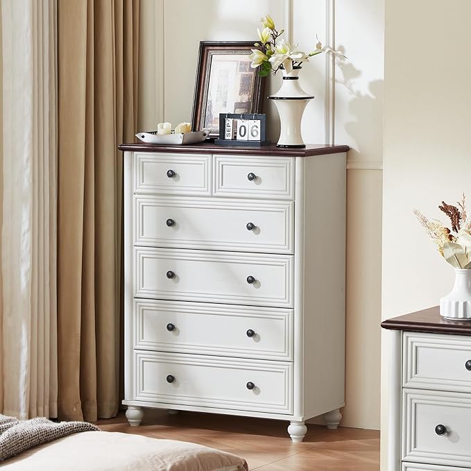 Farmhouse 6 Drawer Dresser, Chest of Drawers for Bedroom, 43.5" Tall Wood White Kids Dresser with Roman Column and Metal Handles, Storage Dressers Organizer for Living Room, Hallway, Closet