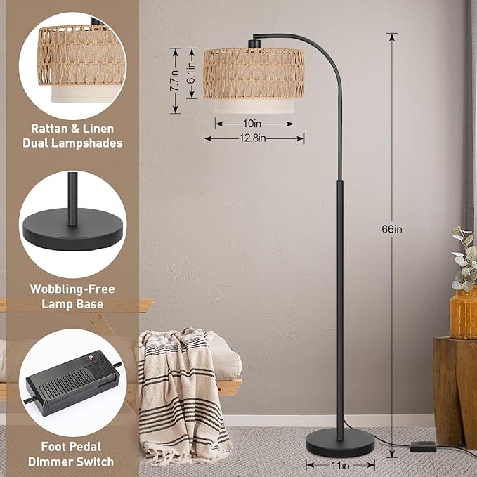 Arc Floor Lamp Black, Boho Floor Lamps for Living Room, Dimmable Standing Tall Lamps with Rattan Fabric Shade, Modern Floor Lamp Farmhouse Bohemian Light for Bedroom, Office, 9W LED Bulb Included