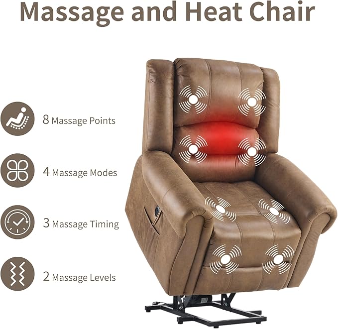 FLEXISPOT Power Lift Recliner Chair for Elderly with Massage & Heat, Faux Leather Electric Reclining Chair for Seniors with USB Ports, Cup Holders & Side Pockets(Medium Size,Camel Brown