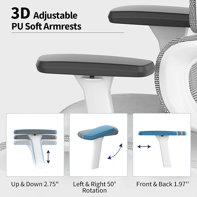Ergonomic Mesh Office Chair with 3D Adjustable Armrest,High Back Desk Computer Chair Ergo3d Ergonomic with Wheels for Home & Office