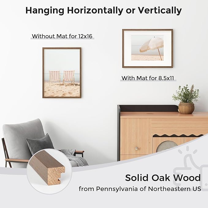 Axeman 12x16 Picture Frame with Mat for 8.5x11, Solid Oak Wood Frame w/Tempered Real Glass, Wooden Certificate Document Frame Horizontal and Vertical Formats for Wall with Wall Hook Included, Walnut