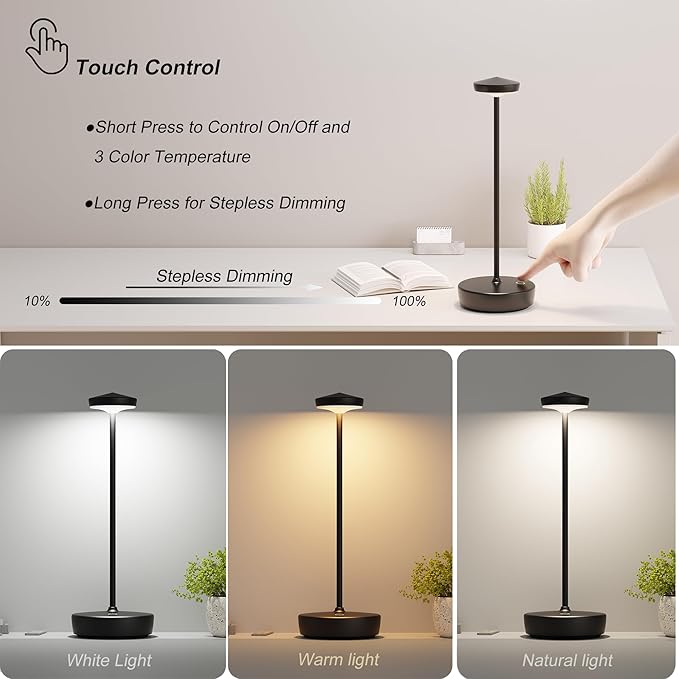 Cordless Table Lamp Rechargeable - LED Battery Table Light with 3 Color Temperatures, Stepless Dimming, Waterproof Aluminum for Indoor Outdoor, Patio, Restaurant, Dinner (Black)