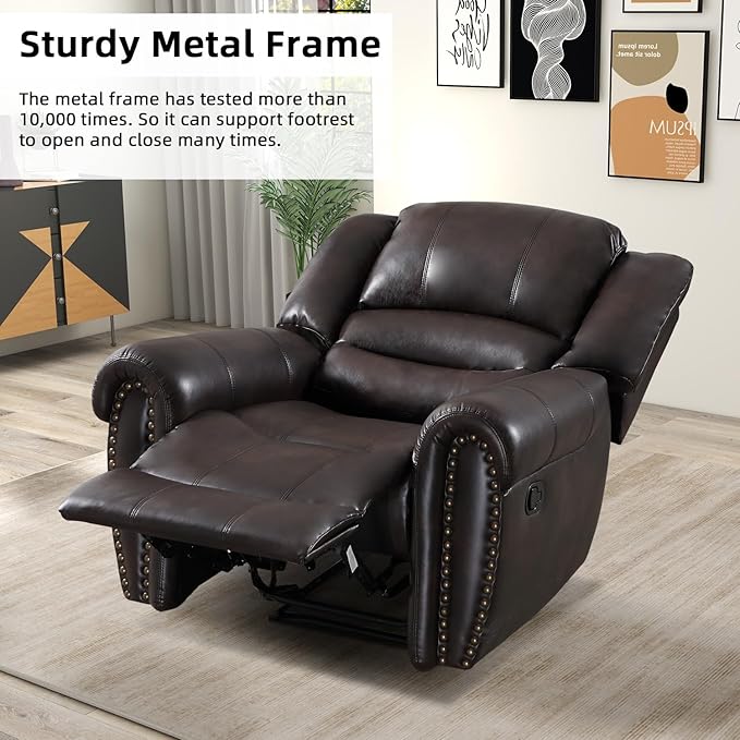INZOY Leather Recliner Chair, Heavy Duty Manual Reclining Sofa Single Lounge Sofa for Living Room, Home Theater Seating, Dark Brown