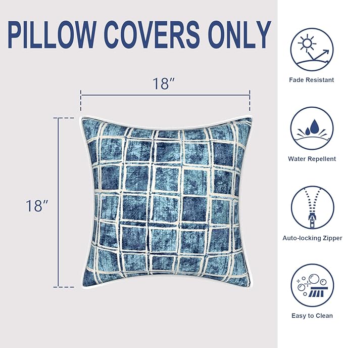 Outdoor Throw Pillow Covers Pack of 2, Decorative Water Repellent Square Pillow Cases 18x18 Inch, Patio Pillowcases for Home Patio Furniture Use, Denim Blue Checkered