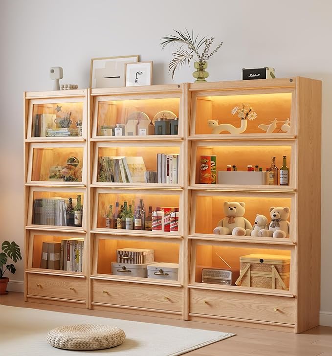 Solid Wood Bookcase with Flip-Up Tempered Glass Doors,70" H Tall Wood Book case with 3 Color Led Lights,4 -Tier Wooden Bookshelf and 1 Drawer,Display Cabinet Kitchen Pantry for Living Room,Office