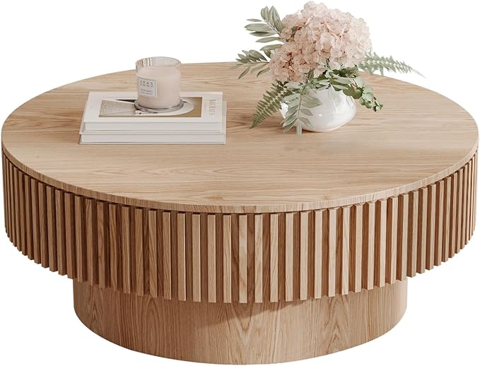 Round Coffee Table for Living Room, Accent Fluted Drum Coffee Table with Storage, Modern Solid Wood Veneered Circle Center Tea Table for Small Space Apartment (31.5''D×14''H-Natural)