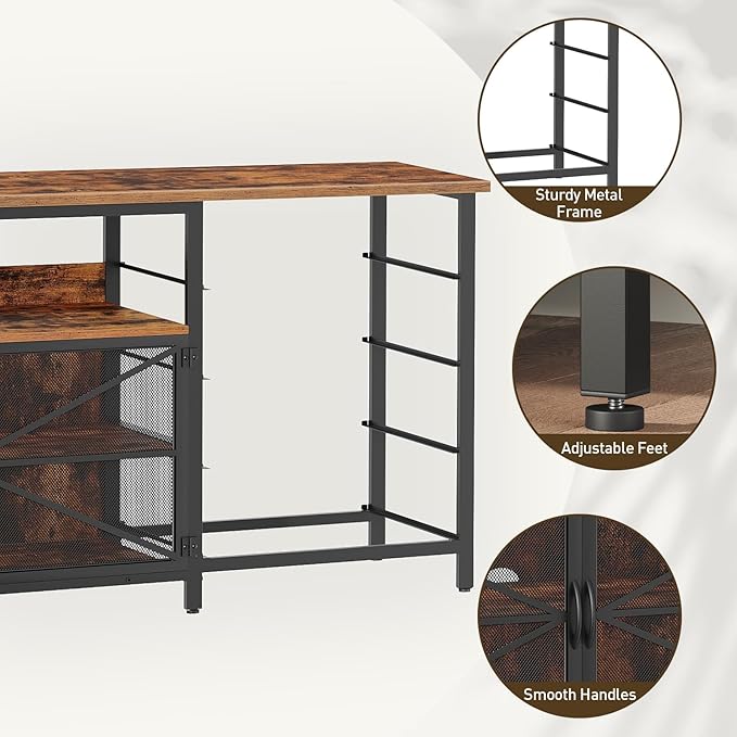 71" TV Stand Dresser for 85/80/75 Inch TV with Power Outlets and LED Lights, Long Dresser with 8 Fabric Drawers, Large Entertainment Center TV Console with Mesh Door for Bedroom, Rustic Brown