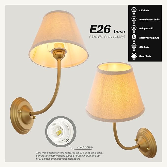 Vintage Fabric Wall Sconce Linen Cloth Shade, E26 Hardwired Indoor 1-Light Wall Mounted Lamp Fixture for Living Room Bedroom Stairs Hallway