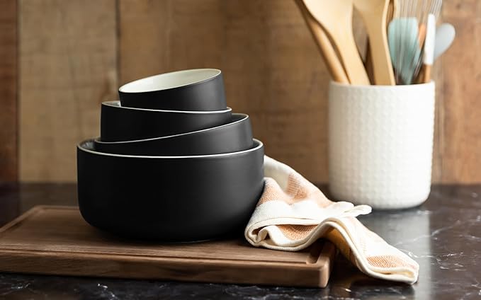 KooK Ceramic Mixing Bowls, Nesting Bowls, Set of 4, Kitchen Bowls, Prep, Serving, Gift, Microwave and Dishwasher Safe, 10/16/29/47 oz, (Black)