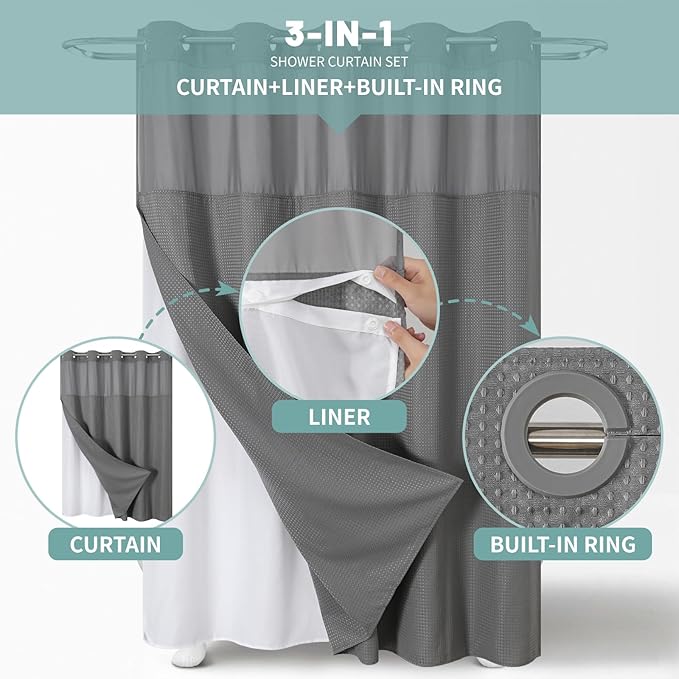 Grey No Hook Waffle Weave Shower Curtain with snap-in Liner Replacement, 230GSM Waterproof Fabric Hotel Shower Curtain Set for Bathroom, Through Mesh Top Window,60Wx74H