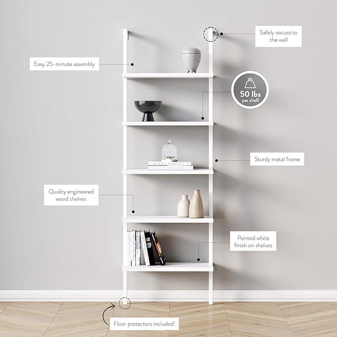 Nathan James Theo 5-Shelf Modern Bookcase, Open Wall Mount Ladder Bookshelf with Industrial Metal Frame, White, Set of 4