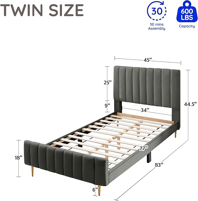 Livinia Twin Size Elton Velvet Platform Bed, Upholstered Bed Frame with Vertical Channel Tufted Headboard Footboard, Strong Wood Slats, No Box Spring Needed, Gray (Twin)