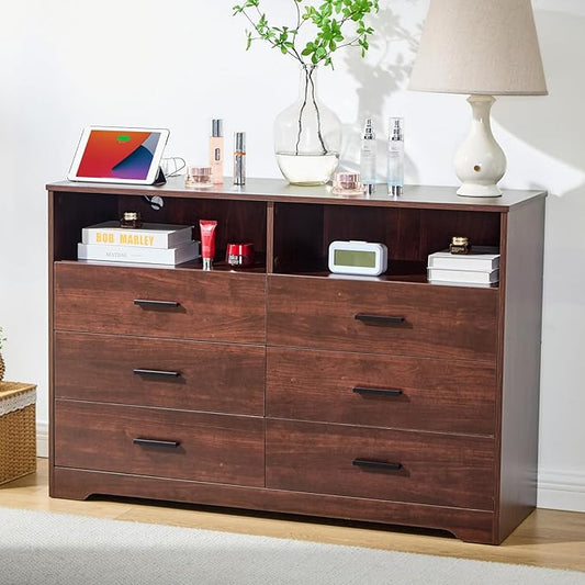 LIDYUK Dark Cherry Dresser for Bedroom, 6 Drawer Dressers & Chests of Drawers, Modern Wood Dresser with Charging Station and LED Lights, 48 Inches Wide Chest of Drawers for Bedroom, Living Room