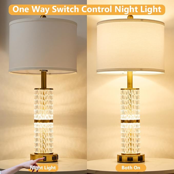 Crystal Table Lamp Set of 2, Modern Touch Lamp with Nightlight, 3-Way Dimmable Bedroom Lamp with 2 USB Ports & AC Outlets for Living Room Bedside Nightstand Lamp