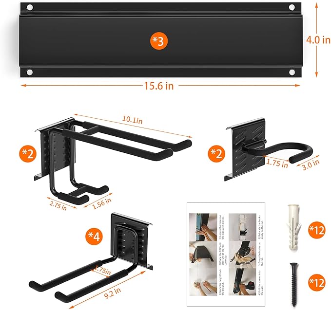 Garage Tool Organizer Wall Mount 11 PCS Garden Tool Organizer Adjustable Garage Organizers with 8 Heavy Duty Hooks, Max Load 500lbs Garage Storage for Yard Garden Tools, Shovels, Trimmers, Hoses