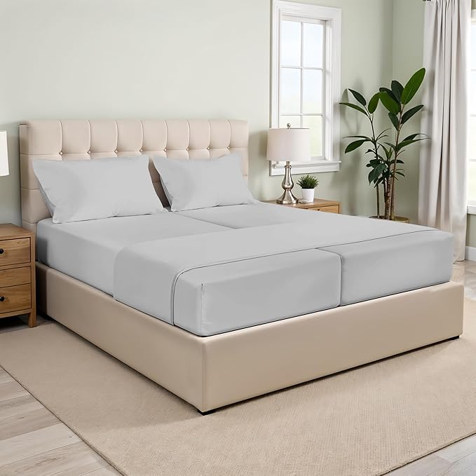 XOOX Linen Split King Sheets Sets for Adjustable Bed - 100% Cotton 500 Thread Count Split Head King Sheets (5 PC, Silver), Soft, Cooling Sateen Weave Sleep Number Deep Pocket Bed Sheet Set