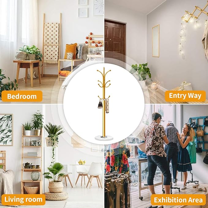 Metal Coat Rack Stand with Natural Marble Base, Coat Rack Freestanding, Free Standing Hall Tree with 12 Hooks for Hanging Clothes, Bags, Scarfs, Coat Hanger for Entryway, Hallway (Gold)