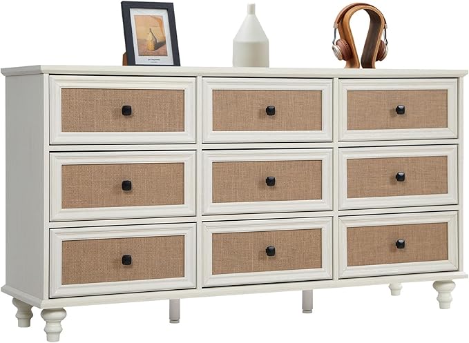 9 Drawer Dresser for Bedroom, Mid Century Modern Wide Wood Rustic Chest of Drawers Wooden Storage Organizer Dressers with Burlap Rattan Drawers for Living Room, Hallway Closet, Entryway, Beige White