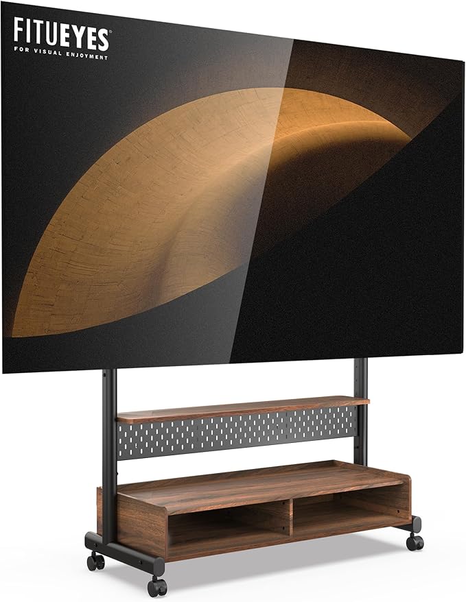 FITUEYES Rolling TV Stand Mount for 70 to 100 Large TV Screens，Mobile TV Floor Stand on Wheels with Ample Storage Pegboard & Wooden Shelf, Rolling TV Cart Hold up to 176 lbs, Max VESA 850 x 600