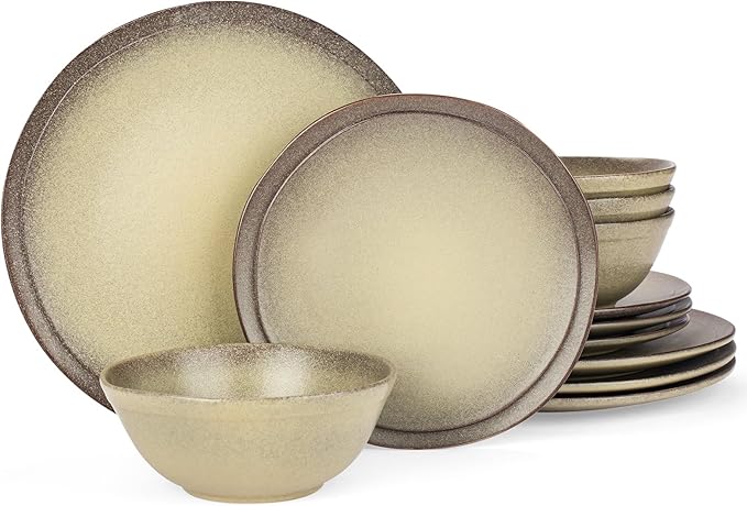 Famiware Aegean Plates and Bowls Sets, Dinnerware Set for 4, 12-Piece Stoneware Scratch Resistant Dinner Set, Handmade Irregular Round Dishes, Microwave and Dishwasher Safe, Matte Grey Green