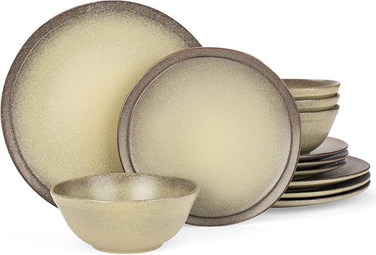 Famiware Aegean Plates and Bowls Sets, Dinnerware Set for 4, 12-Piece Stoneware Scratch Resistant Dinner Set, Handmade Irregular Round Dishes, Microwave and Dishwasher Safe, Matte Grey Green