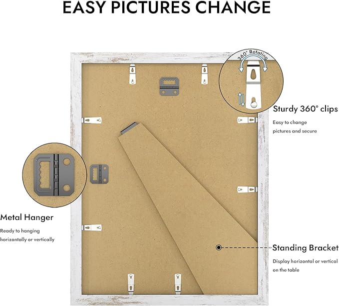 11x14 Picture Frame with Real Glass - 8x10 Wooden Frame with Mat, Horizontal and Vertical Display for Wall or Tabletop (Distressed White, 1 Pack)