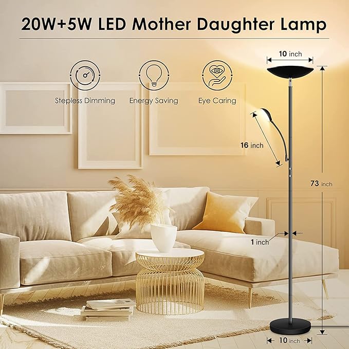 BoostArea Floor Lamp, LED 20W/2000LM Bright Torchiere Floor Lamp with 5W Adjustable Reading Lamp, Stepless Dimmable Standing Lamp, 2 Rotary Switch, Modern Floor Lamps for Living Room, Bedroom, Office