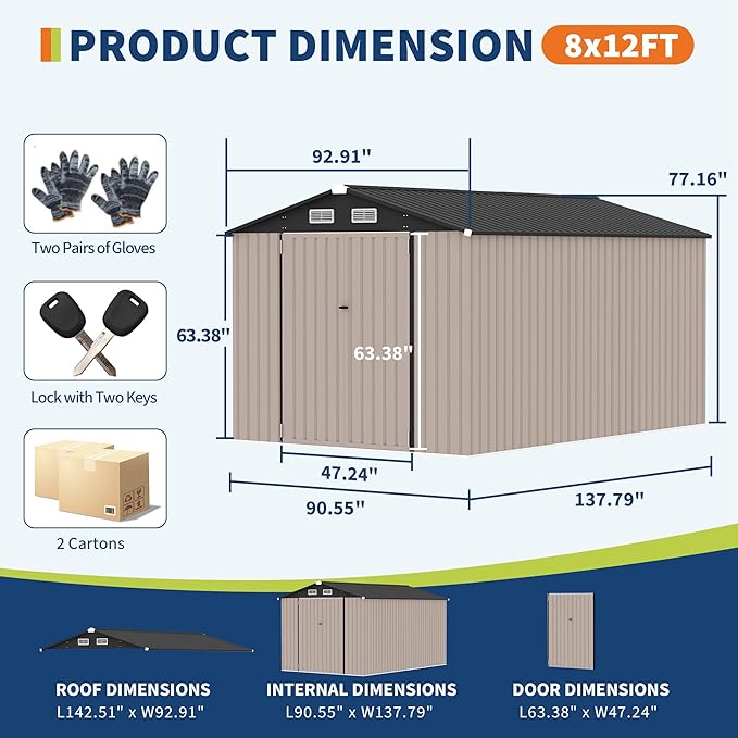 8x12 FT Metal Storage Sheds Outdoor, Metal ToolShed with Lockable Door, Metals Yard Sheds Metals Garden Shed Kit, MetalUtility Sheds Buildings with Air Vent for Backyard Garden Patio Lawn