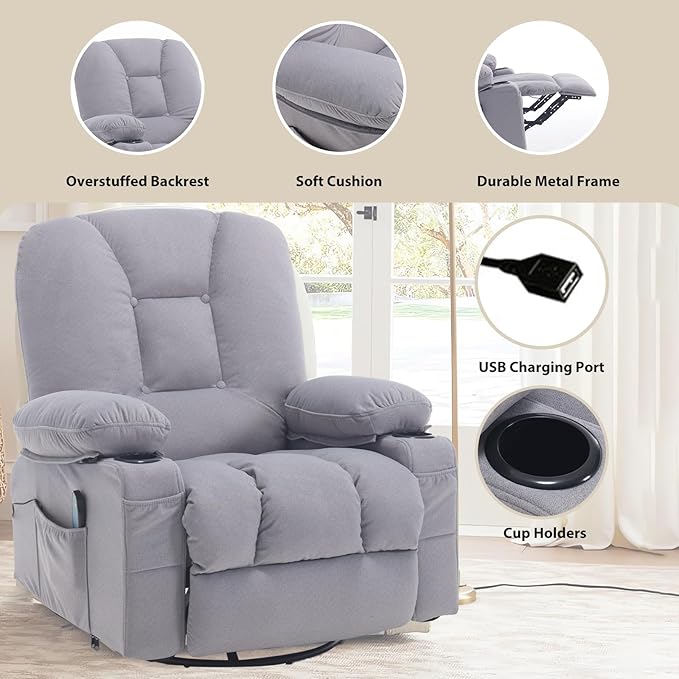 Massage Recliner Chair with Heat for Adults,Overstuffed Rocker Recliners Swivel Glider with Cup Holder Side Pocket, Manual Reclining Fabric Sofa Chair for Living Room