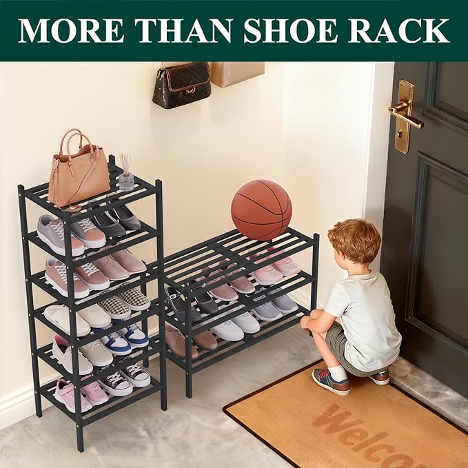Smiry Long Bamboo Shoe Rack 4-Tier, Stackable Wooden Shoe Organizer for Entryway & Closet, Free Standing Wood Shoe Storage Shelf for Front Door & Small Spaces, Black