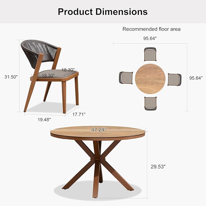 PURPLE LEAF 5 Pieces Oversize Round Outdoor Dining Set Patio Dining Furniture Aluminum Wicker Rattan Patio Dining Set for Lawn Backyard Deck Brown