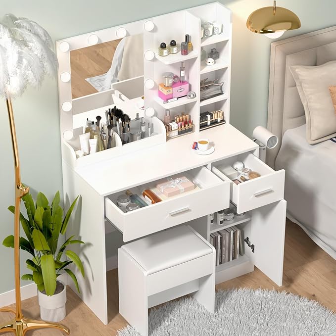 Vanity Desk with Mirror and Lights， Makeup Vanity Desk with Lights 3 Colors，Dressing Table with 10 Bulbs Light, Power Outlet & 2 Drawers and Vanity Stool, for Bedroom Dressing Room (White)