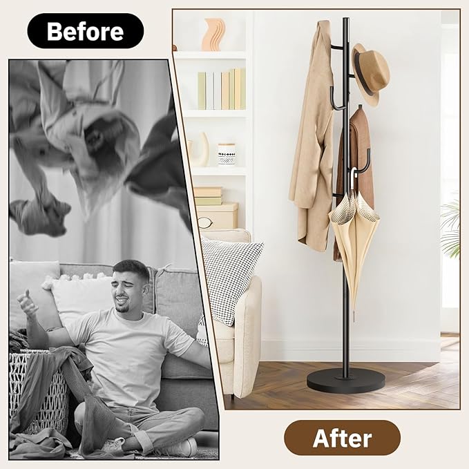 MISSLO Heavy Duty Coat Rack Freestanding 4 Adjustable Size Coat Tree with Stable Wood Base Coat Hanger Stand with 6 Hooks Standing Clothes Tree for Bedroom, Black