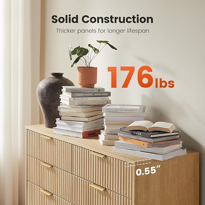 Amada Modern 8 Drawer Dresser, Fluted Wood Chest of Drawers with Rounded Corners, Pre-Installed Drawer Slides, Dresser TV Stand and Storage Organizer for Bedroom, Hallway, Natural Oak