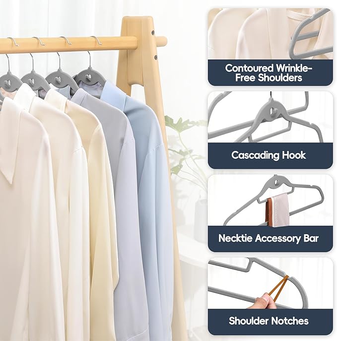 Velvet Hangers 50 Pack, Non Slip Stackable Clothes Hangers with Cascading Hooks, Ultra Thin and Space Saving Felt Hangers with Tie Bar, 360° Swivel Hooks, Heavy Duty for Suit Coat Shirt Pant- Gray