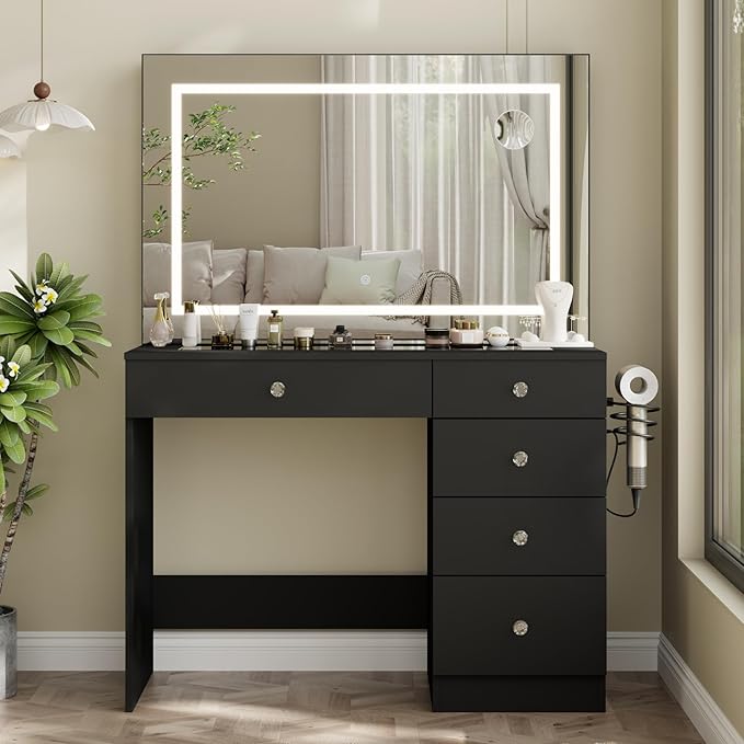39" Vanity Desk with Mirror and Lights, 5 Drawers Makeup Vanity Desk with Tempered Glass top, 3 Lighting Modes Adjustable Brightness, Black Vanity with Magnetic 5X Magnifier for Bedroom