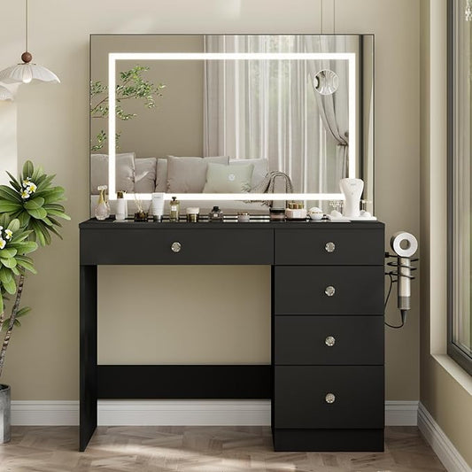 39" Vanity Desk with Mirror and Lights, 5 Drawers Makeup Vanity Desk with Tempered Glass top, 3 Lighting Modes Adjustable Brightness, Black Vanity with Magnetic 5X Magnifier for Bedroom