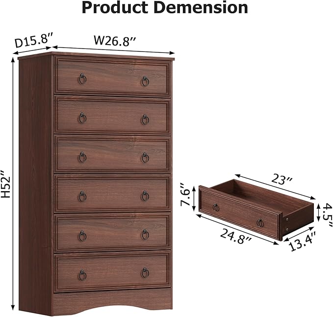 Cherry Wood Dresser 52" Tall for Bedroom, Wood 6 Chest Drawers, 6 Drawer Dresser, Storage for Clothes, Narrow Large Drawers, Vintage, for Living Room, Bedroom, Hallway