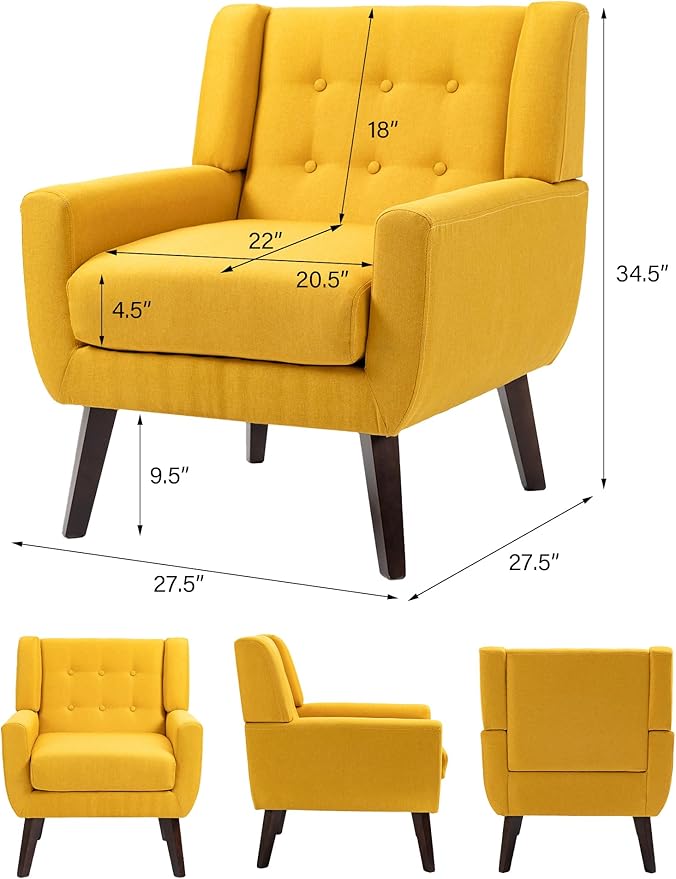 Accent Chair, Mid-Century Modern Fabric Chairs with Arms for Living Room, Comfy Upholstered Club Single Sofa Armchair for Bedroom Waiting Room with Solid Wood Frame (Fabric Yellow, Set of 2)