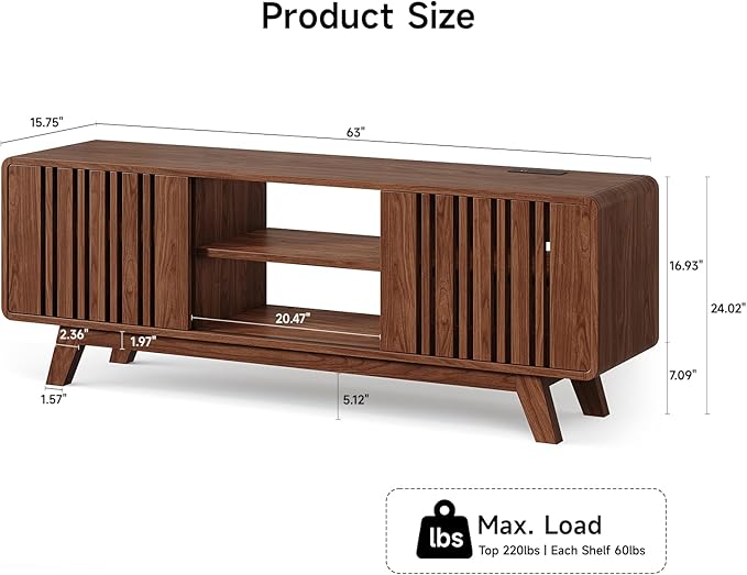 63-Inch TV Stand for TVs up to 75 Inch, Mid-Century Modern Television Stand with Power Outlet， Entertainment Center with Sliding Grille Door Cabinets and Open Shelves for Living Room, Walnut