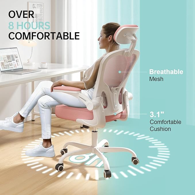 Office Chair Ergonomic Desk Chair, 330LBS Capacity, High Back Computer Chair for Long Hours Comfortable, Rolling Swivel Executive Task Chair for Home Office with Flip-up Armrests（White Pink）